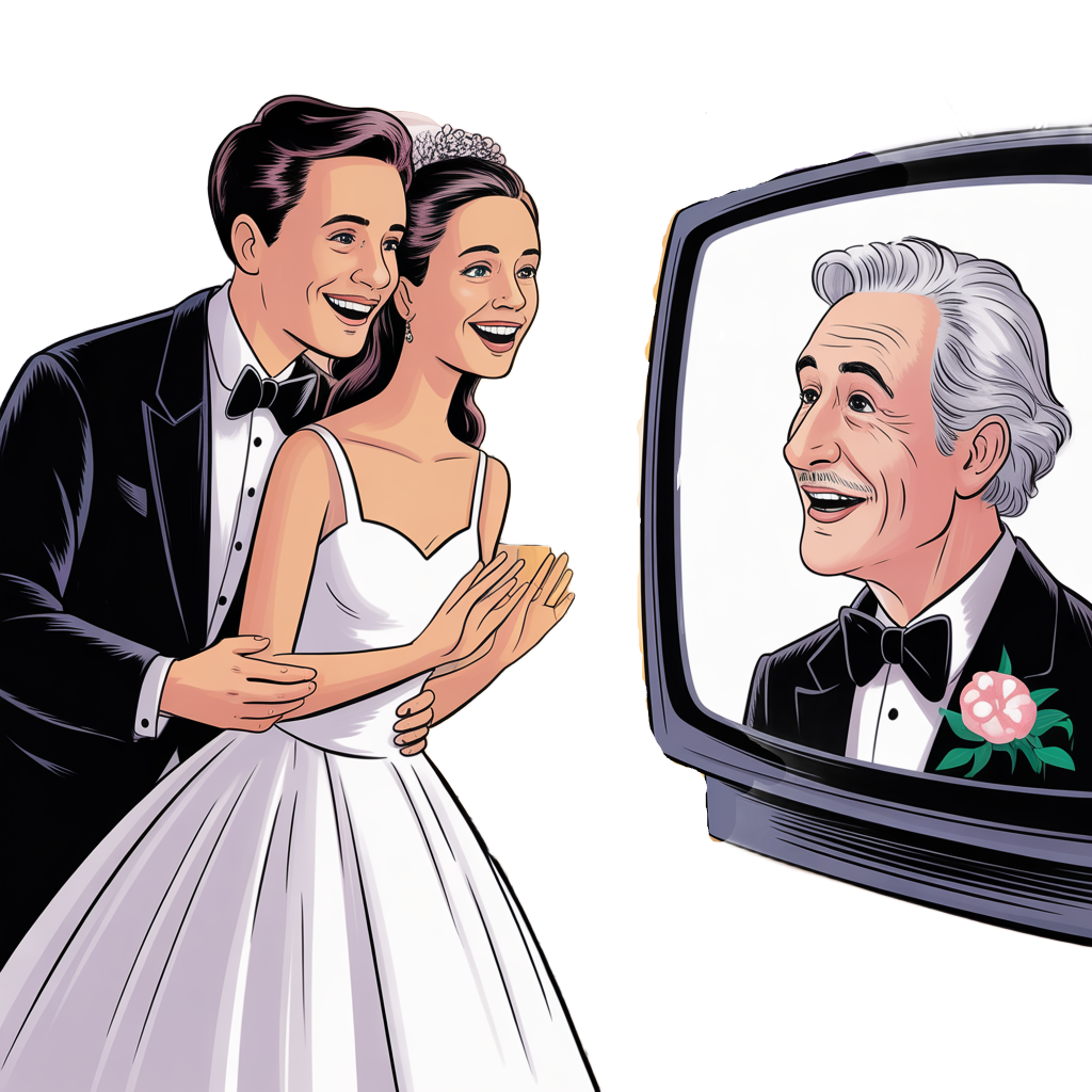 חתן וכלה מסתכלים בהתרגשות על טלויזיה עם סבא חביב