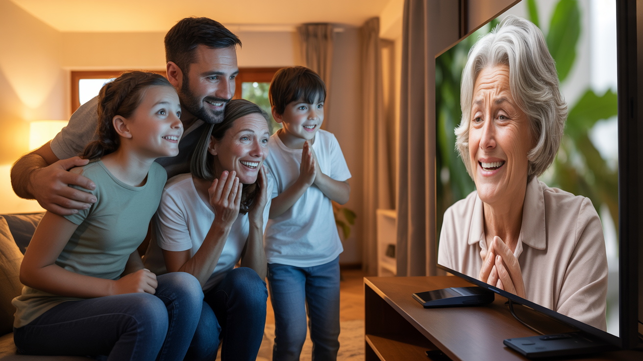 משפחה מסתכלת בהתרגשות על זקנה חביבה בטלויזיה