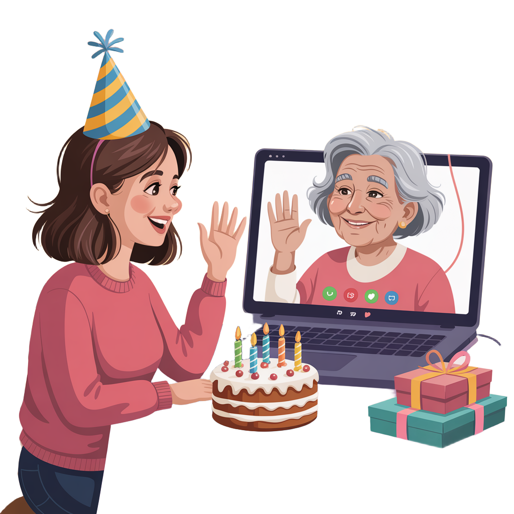 אשה שחוגגת יום הולדת מסתכלת על אישה מבוגרת בטלויזיה - הן מנופפות אחת לשניה