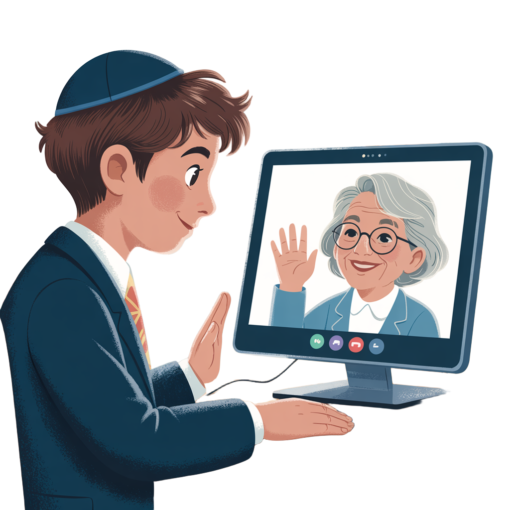 איור של ילד בר מצווה מסתכל על מסך עם סבתא שלו - הם מנופפים אחד לשני